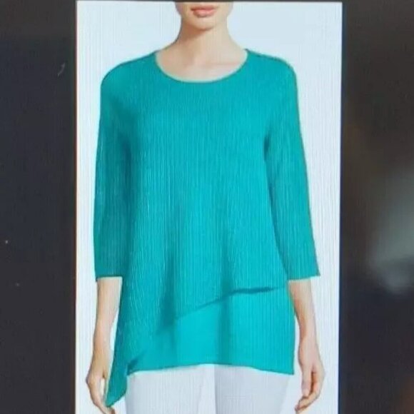 EILEEN FISHER Green 100 % Organic Linen Asymmetrical Open Knit SweateTunic Sz L - Picture 1 of 12